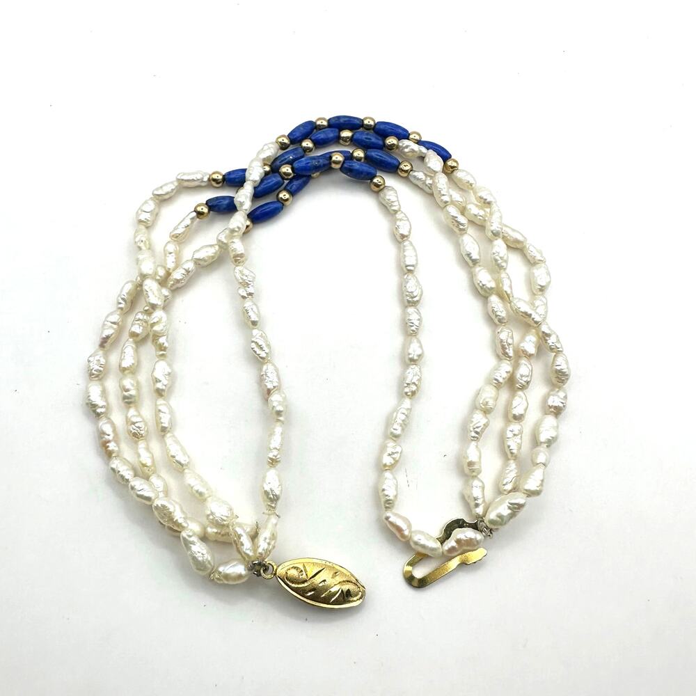 Freshwater Pearl White Lapis Blue Bead Beaded Multistrand Bracelet Jewelry